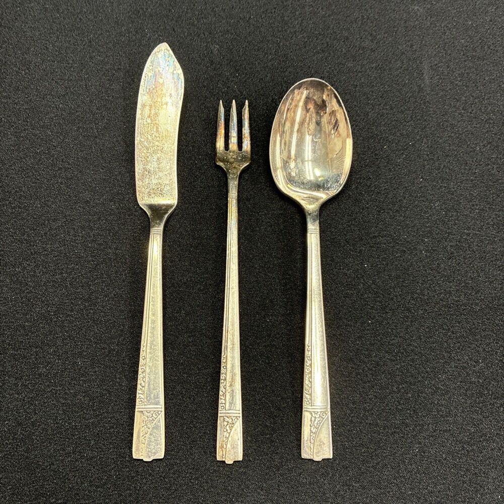 Vtg 1937 Oneida Caprice Nobility Silver Plate 3 pc Hostess Cocktail Set Flatware